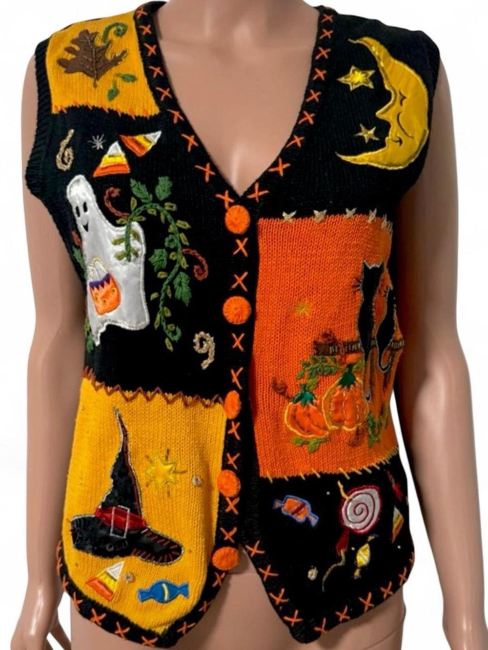 Vintage 90s Basic Editions Halloween patchwork beaded embroidered sweater vest S